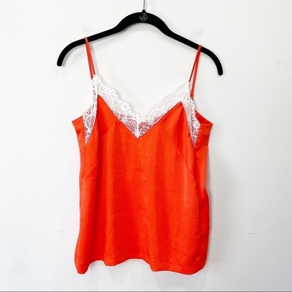 Maje Lace Trim Camisole Tank Top Red Orange White Spaghetti Strap - Picture 2 of 9